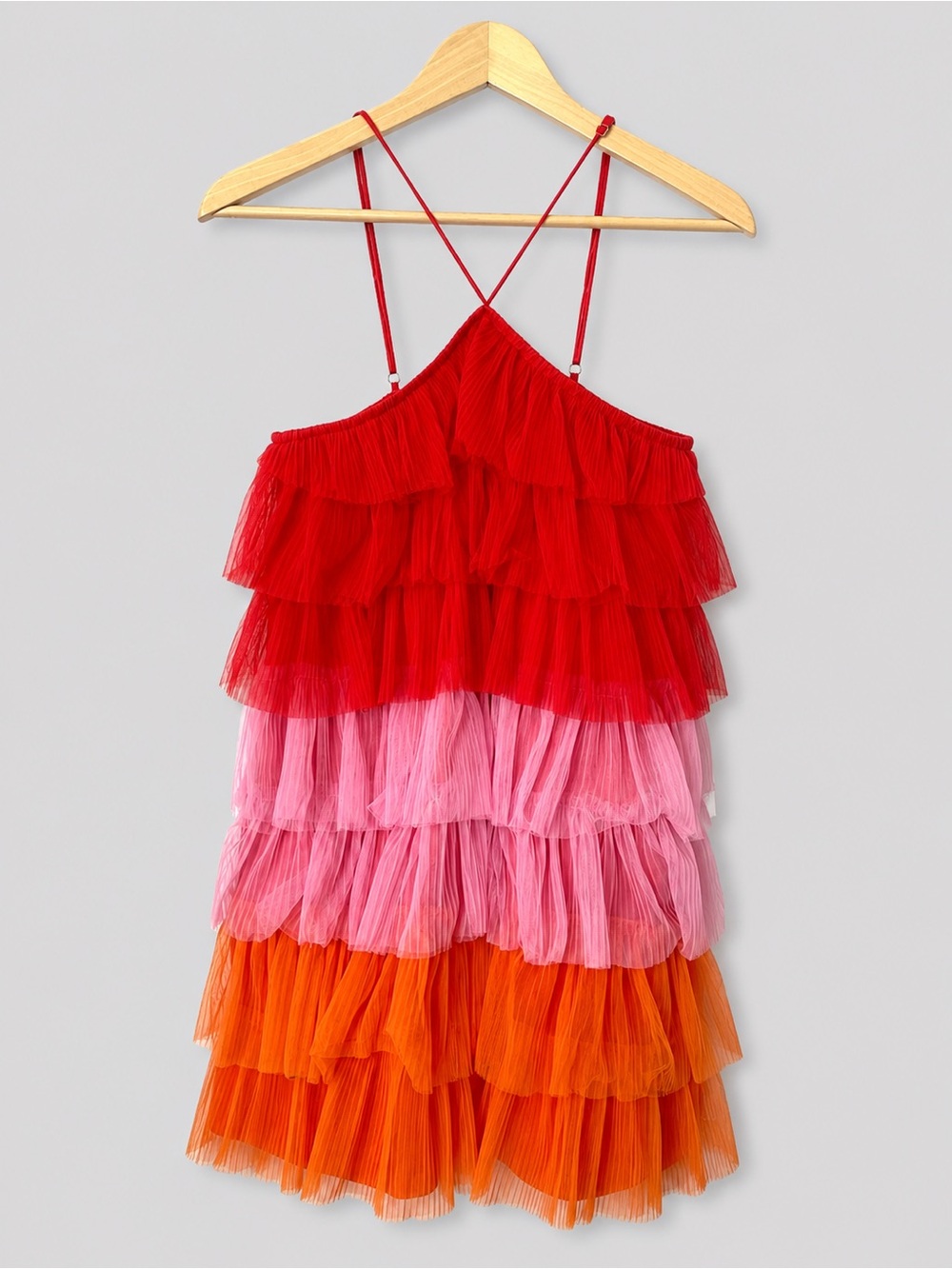 Pants Store Tiered Tulle Ruffle Mini Dress Red Pink Orange Colorblock